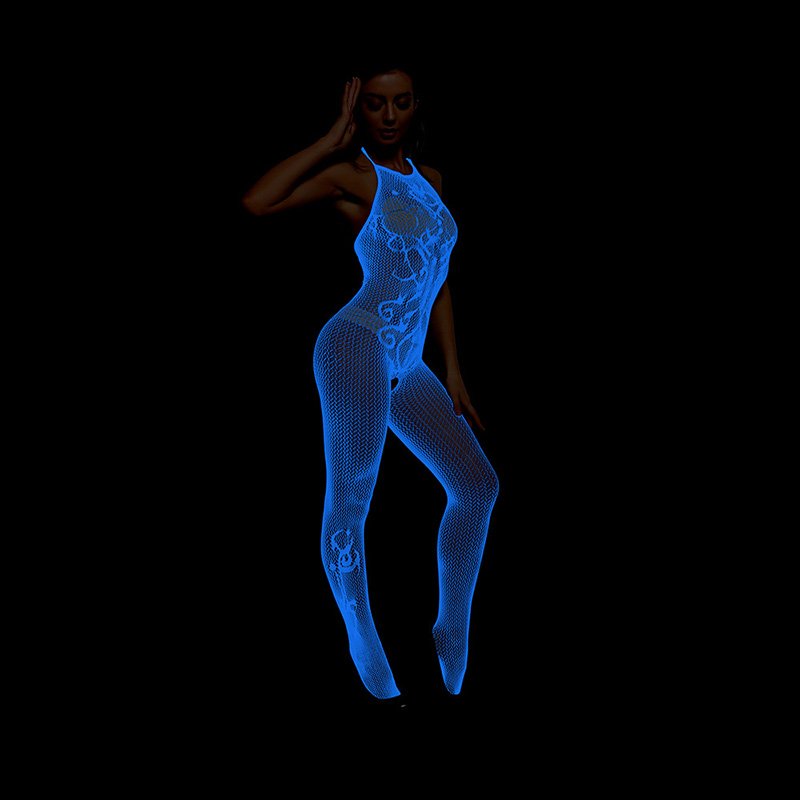 Fluorescent Bodysuit Fishnet Lace Sissy Blue 4 Fishnet Bodysuit