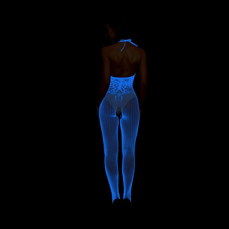 Fluorescent Bodysuit Fishnet Lace Sissy Blue 3 Fishnet Bodysuit