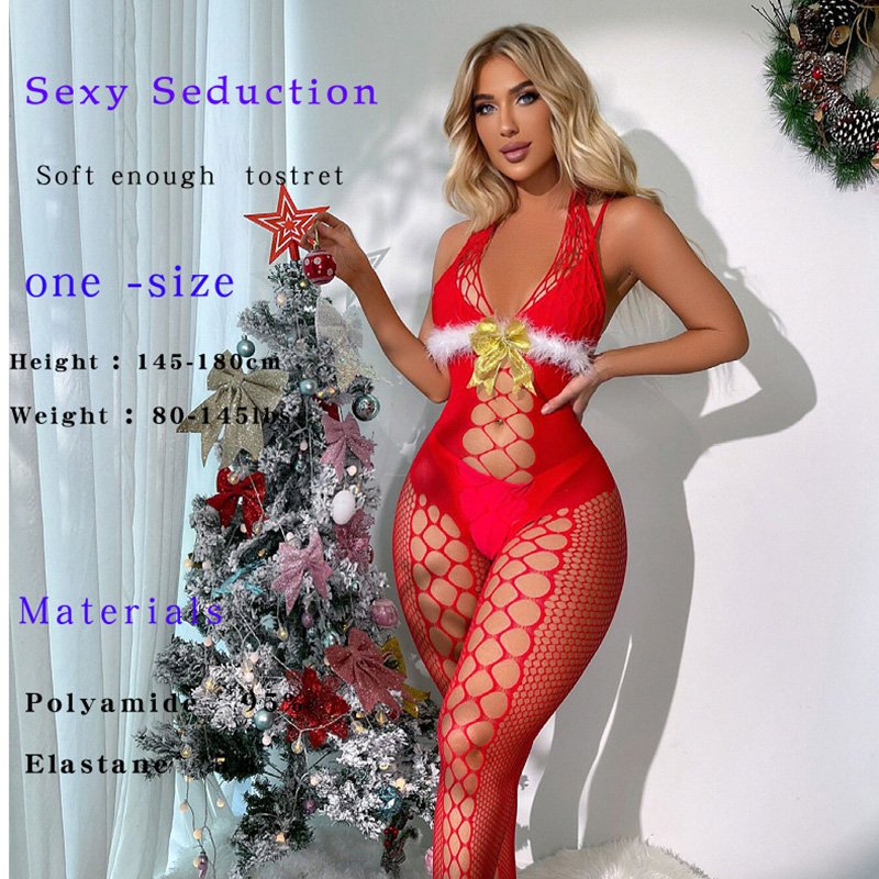 Christmas Fishnet Bodysuit Lace Red Feminine 2 Christmas Fishnet Bodysuit Lace Red Feminine - Image 2