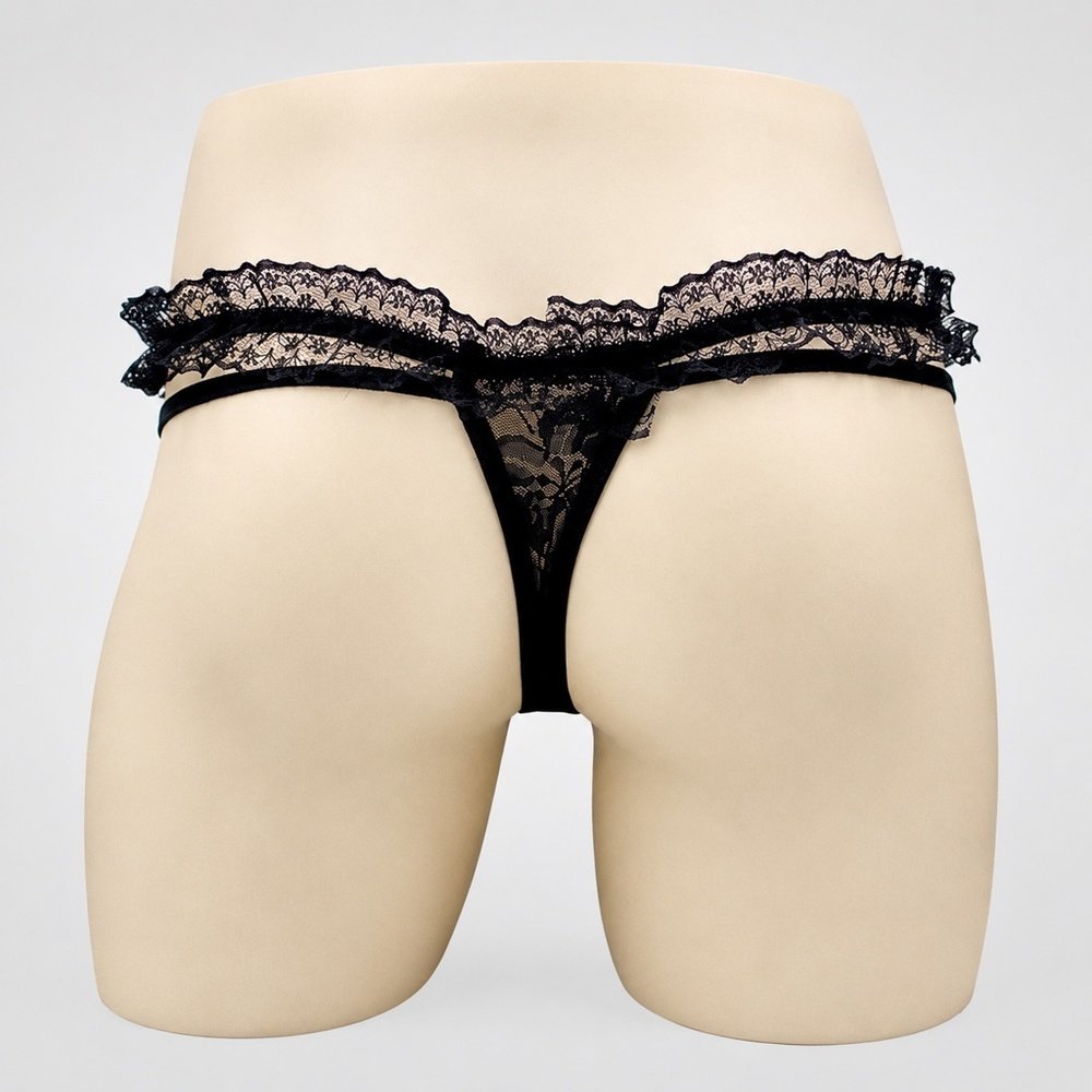 Sissy Panties Black Ruffled Lace Strappy Thong 6 Sissy Panties Black Ruffled Lace Strappy Thong