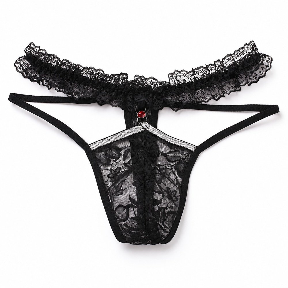 Sissy Panties Black Ruffled Lace Strappy Thong 1 Sissy Panties Black Ruffled Lace Strappy Thong