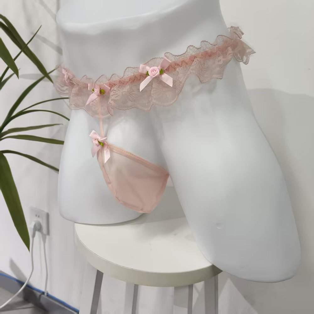Sissy Panties Pink Lace Ruffle Pearl Thong 4 Sissy Panties Pink Lace Ruffle Pearl Thong